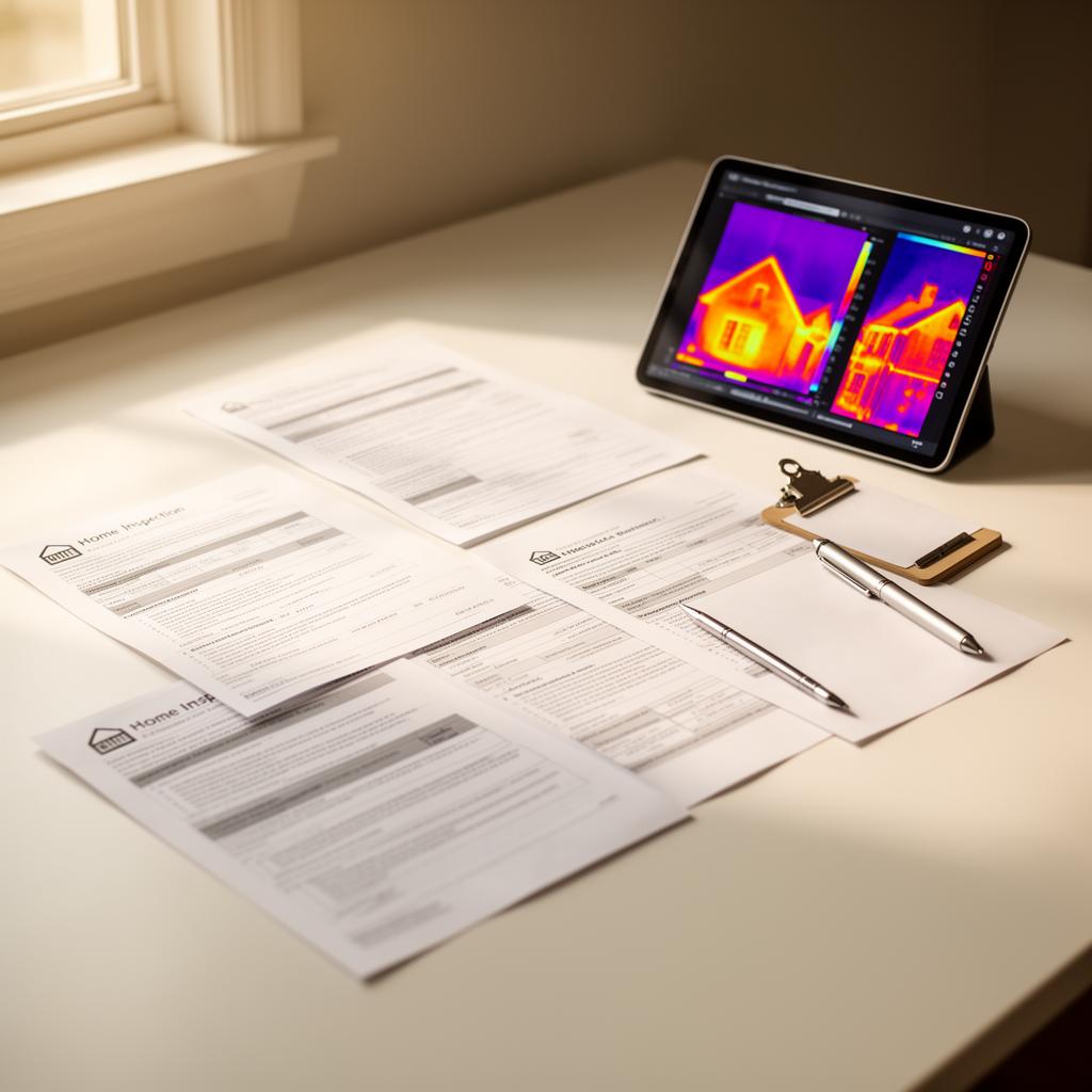 Professional inspection documents including thermal imaging reports, checklists, and digital assessments